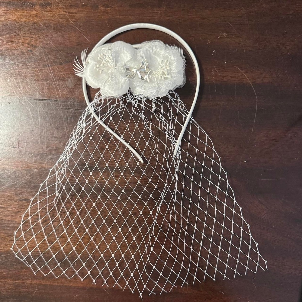 White Bridal Birdcage Veil Headband Floral Rhinestone Feather Wedding Fascinator